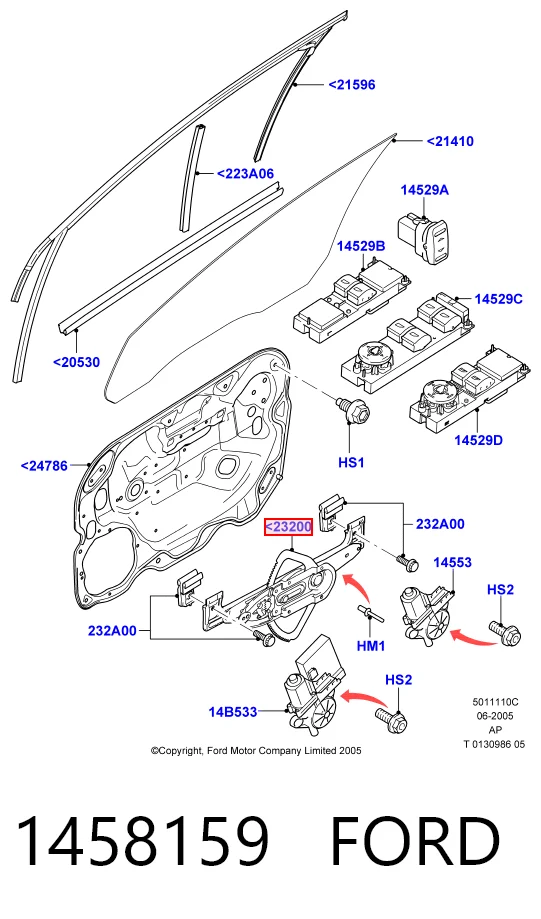 Mecanismo de elevalunas de la puerta delantera derecha 1458159 FORD