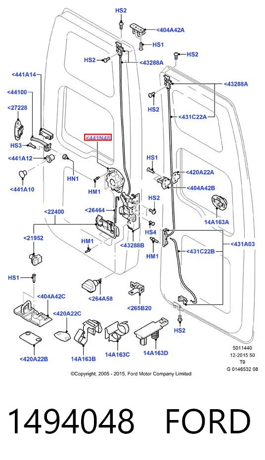 1494048 Ford Manija interior derecha de puerta trasera batiente