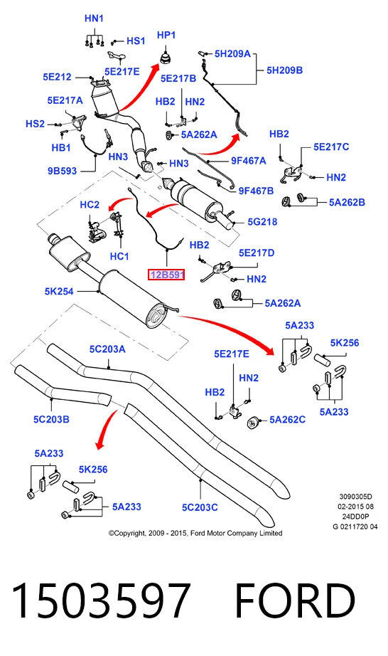 Sensor de temperatura de gases de escape en catalizador 1503597 FORD