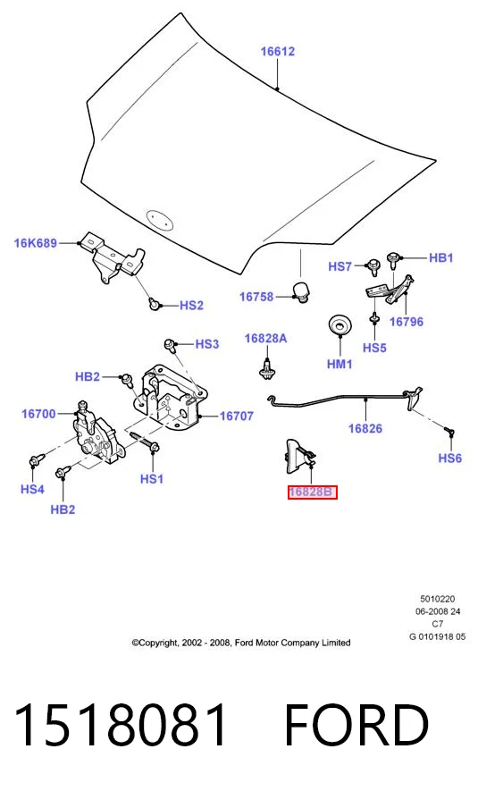1518081 Ford Fijador del soporte del capó