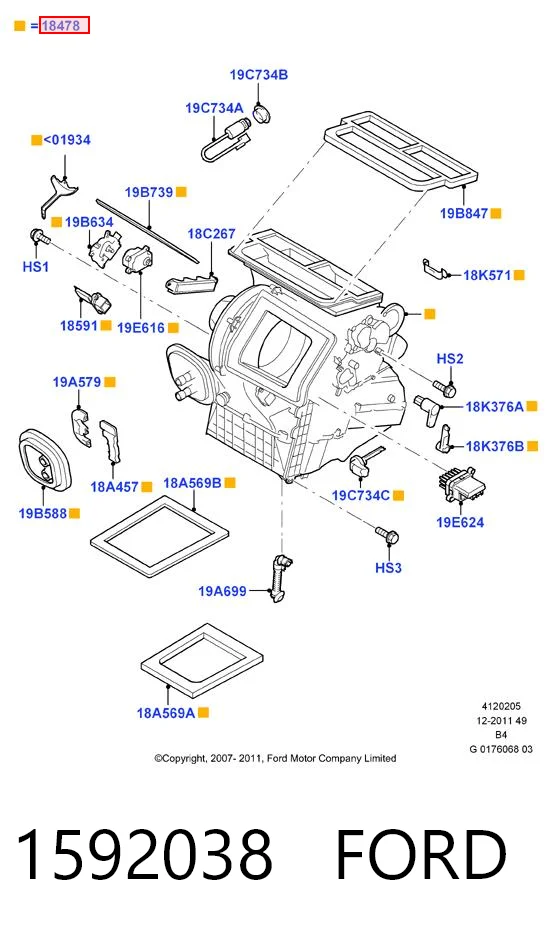 Carcasa del ventilador del calefactor, conjunto 1592038 FORD
