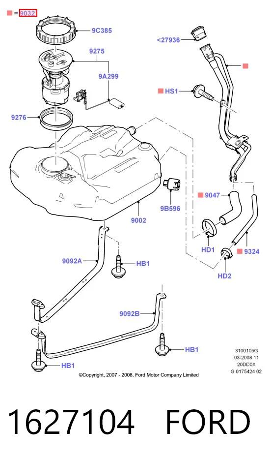 Boca de llenado del depósito de combustible 1627104 FORD