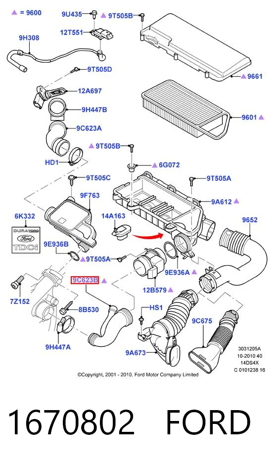1670802 Ford Manguito de aire del medidor de masa de aire