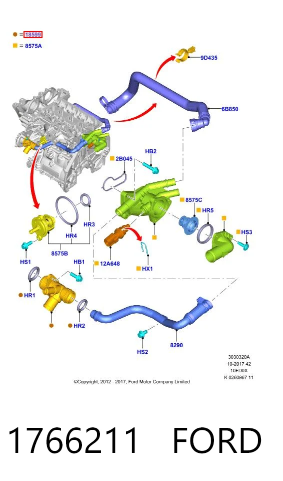 1766211 Ford Brida del sistema de refrigeración (triple unión)