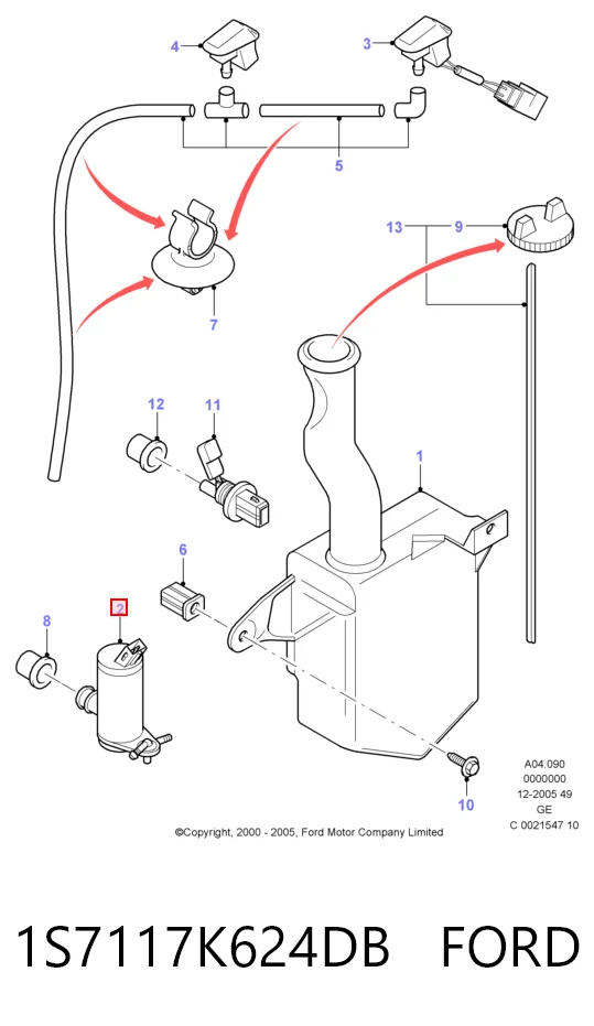 1S7117K624DB Ford Bomba de agua de lavado, lavado de parabrisas, delantera