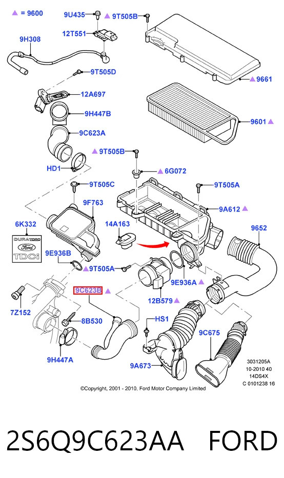 2S6Q9C623AA Ford Manguito de aire del medidor de masa de aire