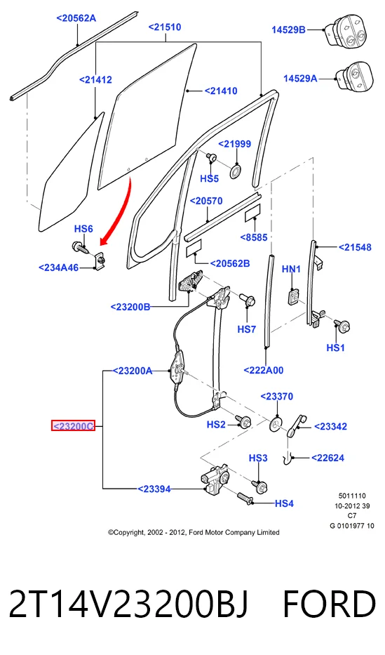 Mecanismo levanta, puerta delantera derecha Ford Connect (2002-2013)