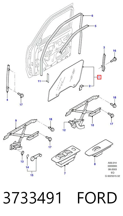 Cristal de puerta delantera izquierda 3733491 FORD