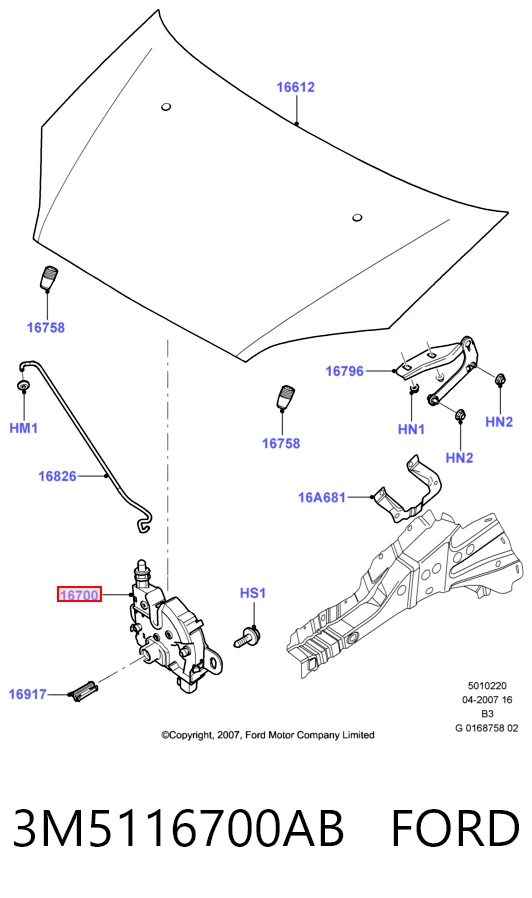 3M5116700AB Ford Cerradura de Capot