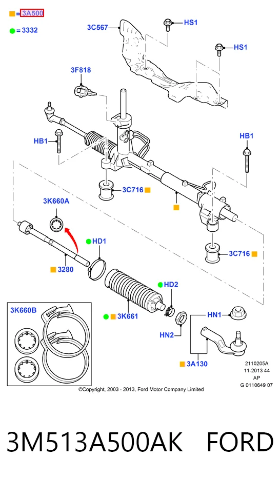 3M513A500AK Ford Cremallera caja de direccion