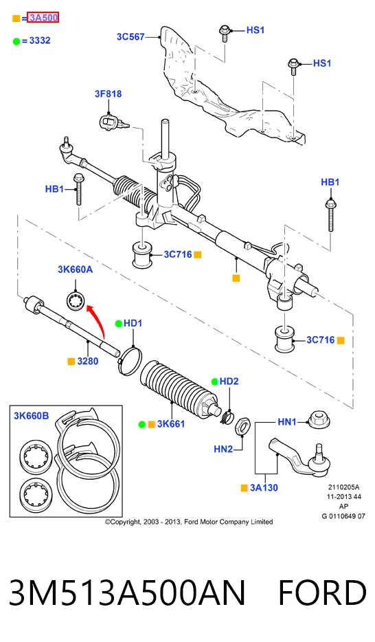 3M513A500AN Ford Cremallera caja de direccion