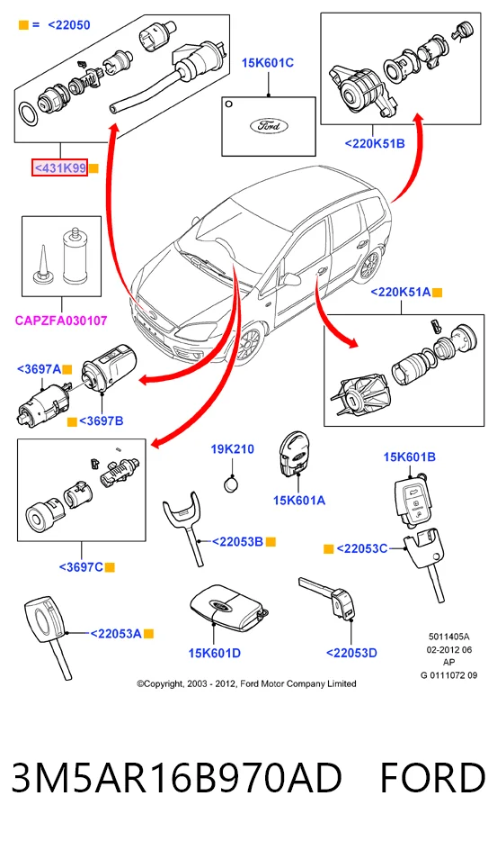 3M5AR16B970AD Ford Cerradura de Capot