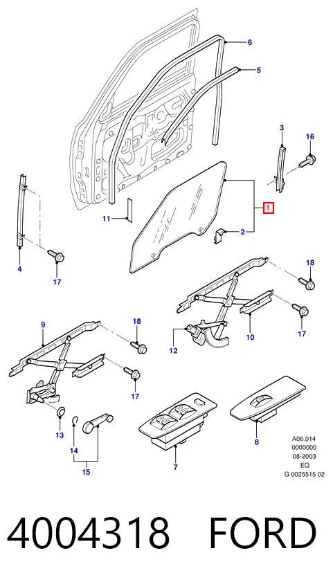 Cristal de puerta delantera derecha 4004318 FORD