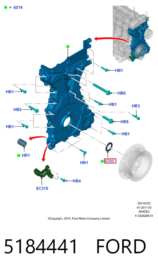 Retén delantero del cigüeñal 5184441 FORD