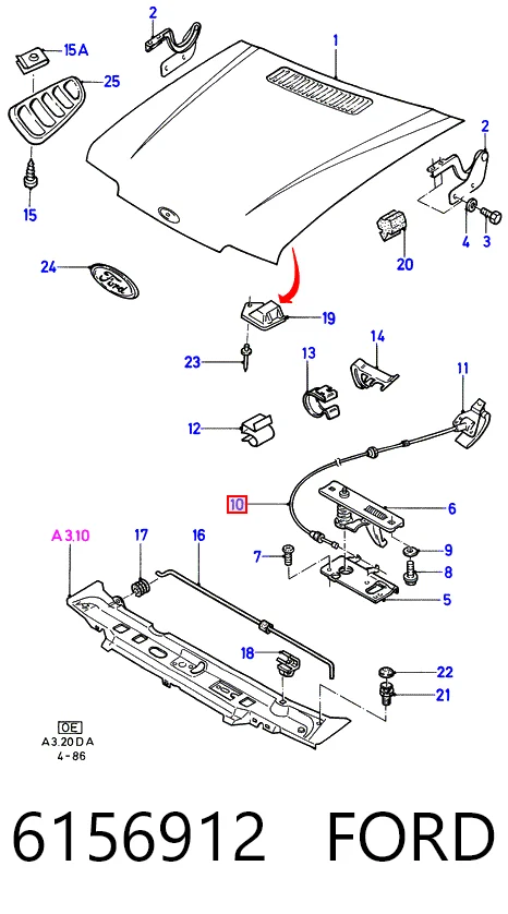 Cable de capó del motor para Ford Escort IV GAF, AWF, ABFT