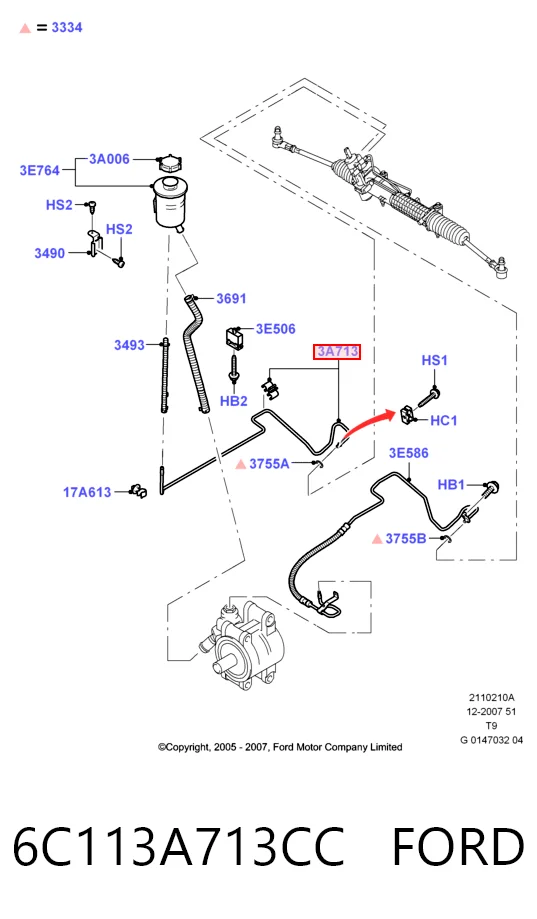 Manguera de baja presión de dirección asistida, de la cremallera al depósito 6C113A713CC FORD