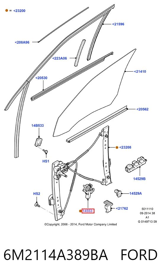 6M2114A389BA Ford Motor elevalunas, puerta delantera izquierda