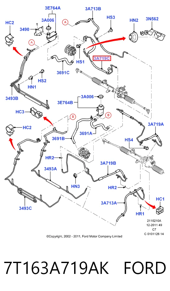 Manguera de alta presión de la dirección asistida desde la bomba hasta la cremallera 7T163A719AK FORD