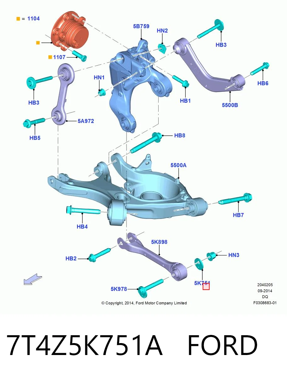 7T4Z5K751A Ford Arandela excéntrica del perno de ajuste de caída trasero