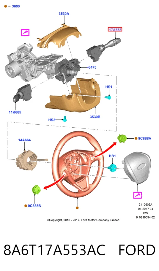 8A6T17A553AC Peugeot/Citroen Conmutador derecho de la columna de dirección