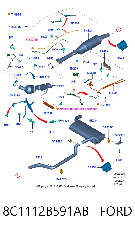 8C1112B591AB Ford Sensor de temperatura de gases de escape en catalizador