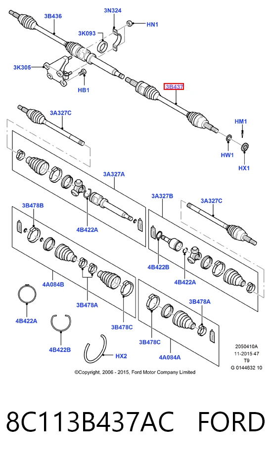 Semieje delantero izquierdo 8C113B437AC FORD