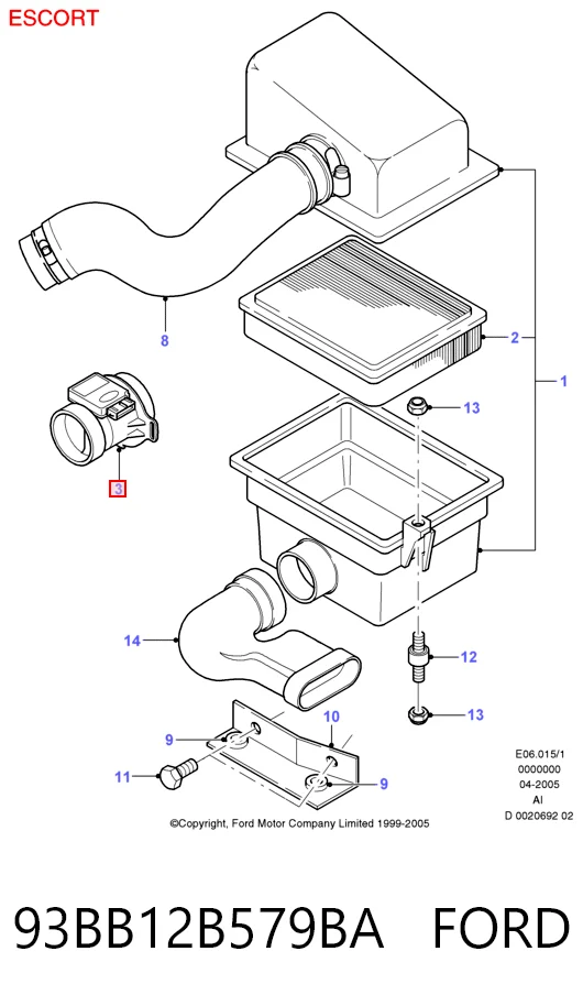 93BB12B579BA Ford Sensor de flujo de aire