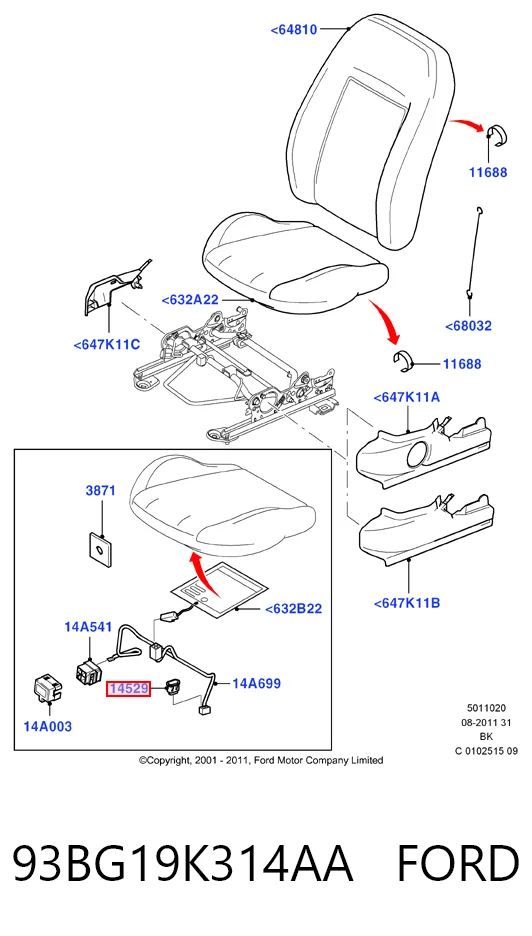 93BG19K314AA Ford Botón de encendido de calefacción del asiento
