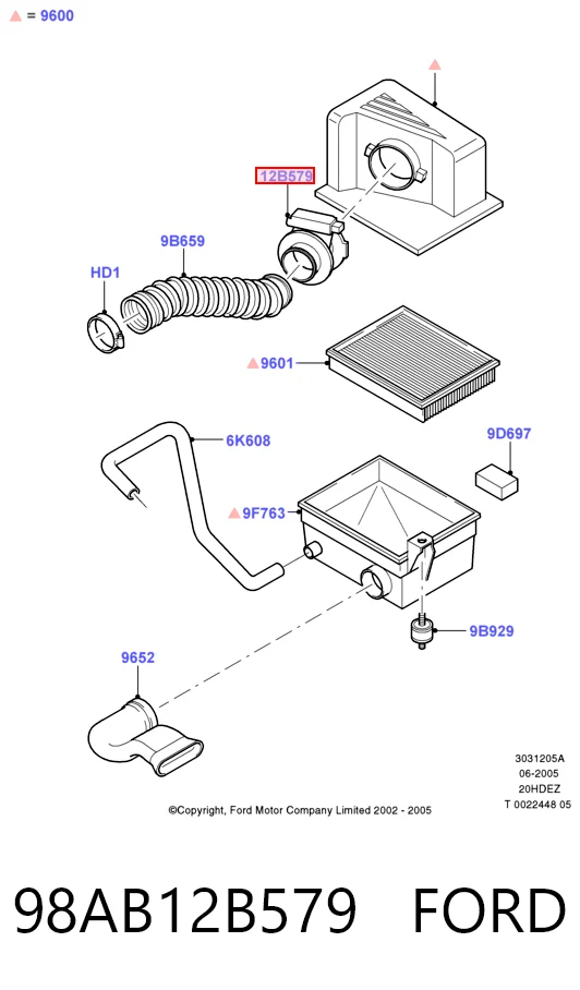 98AB12B579 Ford Sensor de flujo de aire