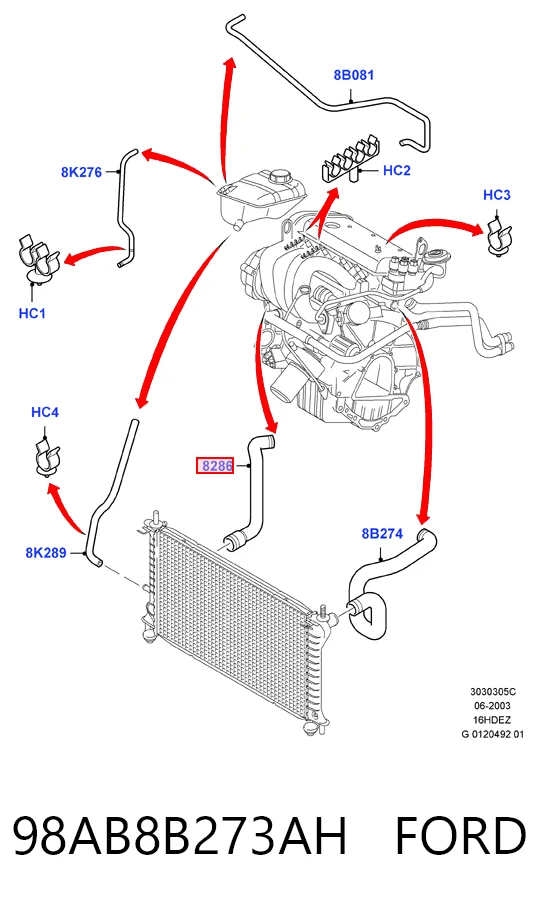 Manguera inferior del radiador 98AB8B273AH FORD