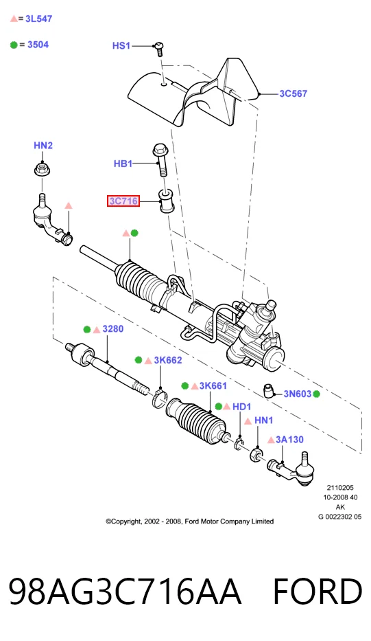 Silentblock de montaje de la cremallera de dirección 98AG3C716AA FORD