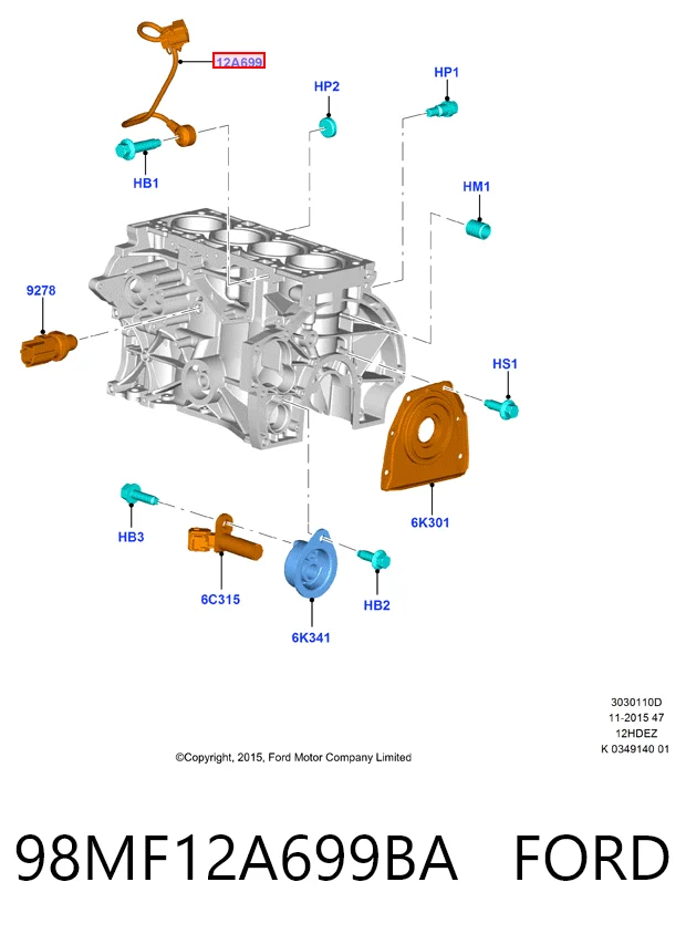 98MF12A699BA Ford Sensor de detonación