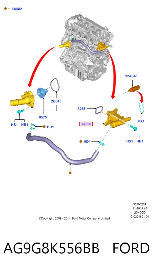 AG9G8K556BB Ford Brida del sistema de refrigeración (triple unión)