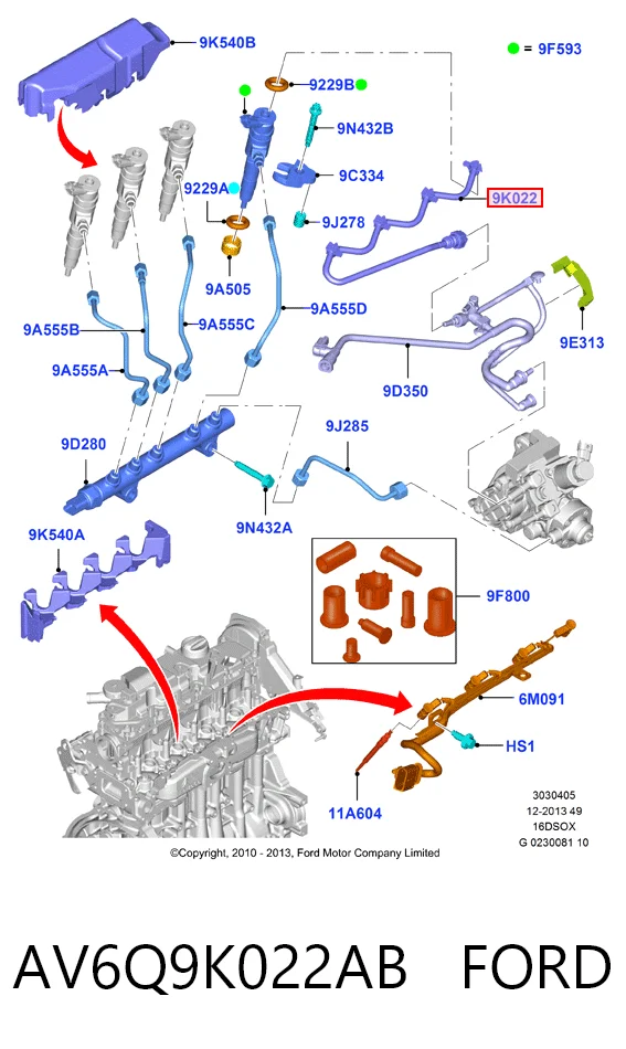 Tubería de retorno de combustible de los inyectores AV6Q9K022AB FORD