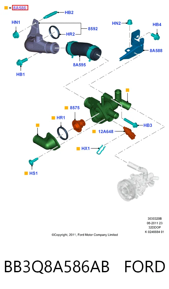 BB3Q8A586AB Ford Caja del termostato
