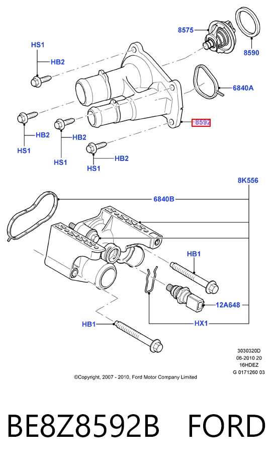 BE8Z8592B Ford Caja del termostato