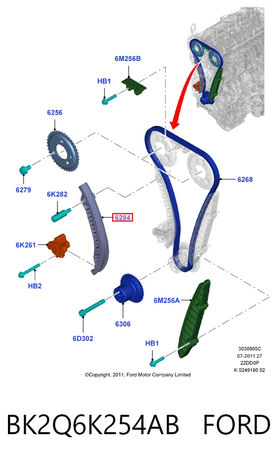 BK2Q6K254AB Ford Guía del tensor de la cadena de distribución