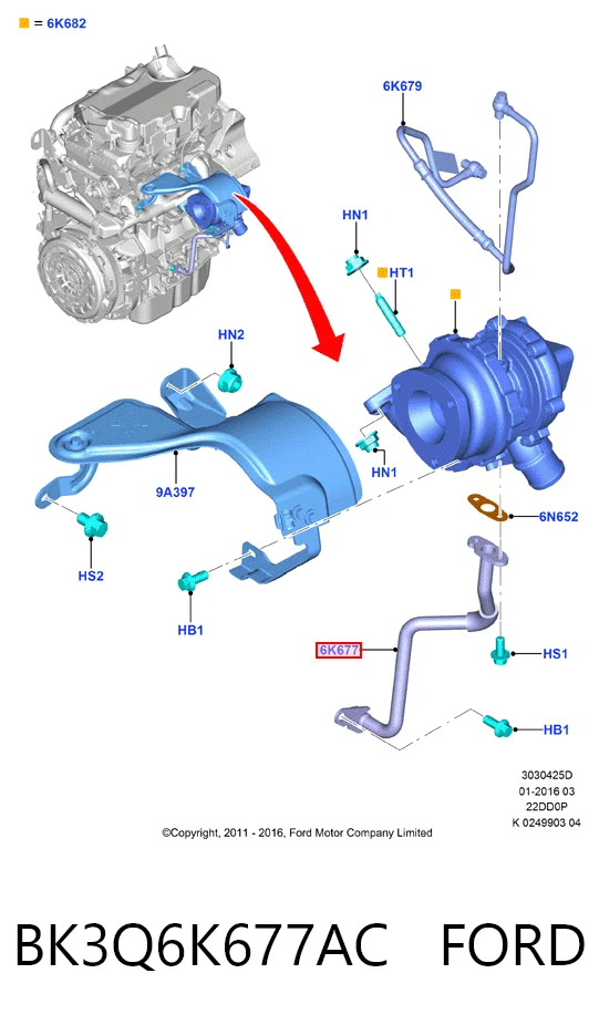 BK3Q6K677AC Ford Tubo de drenaje de aceite de turbocompresor