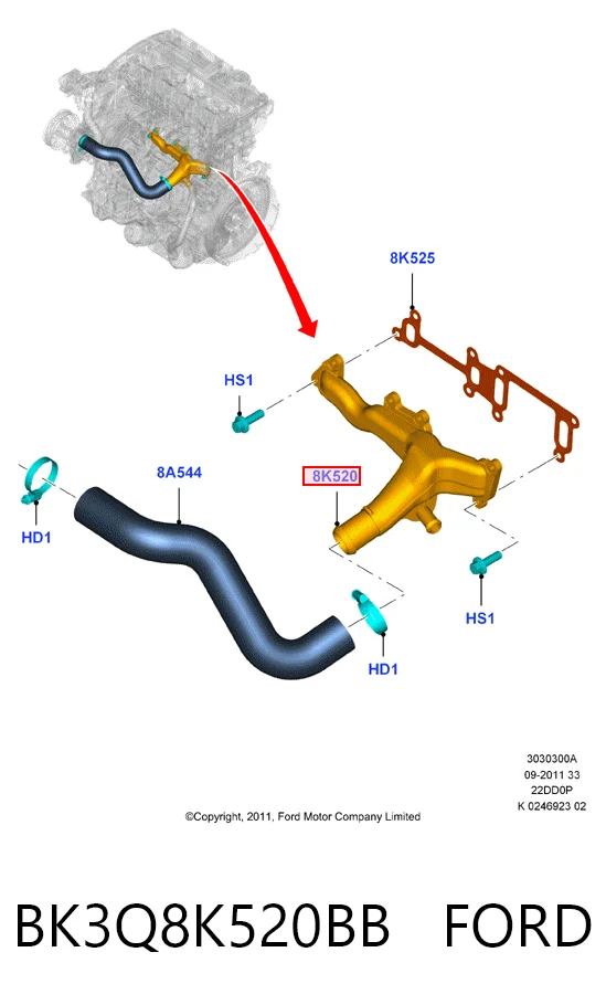 Brida del sistema de refrigeración (triple unión) BK3Q8K520BB FORD