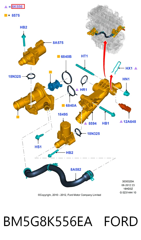 BM5G8K556EA Ford Brida del sistema de refrigeración (triple unión)