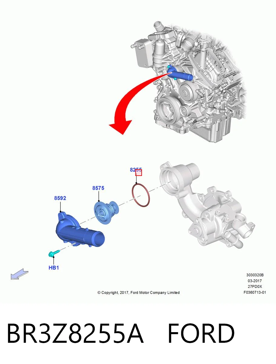 BR3Z8255A Ford Junta de brida del sistema de refrigeración