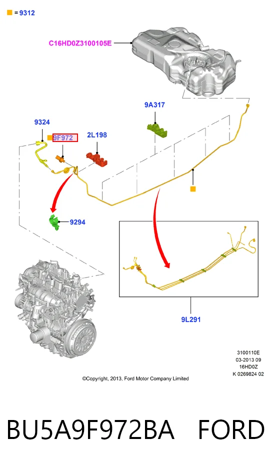 BU5A9F972BA Ford Sensor de presión de combustible