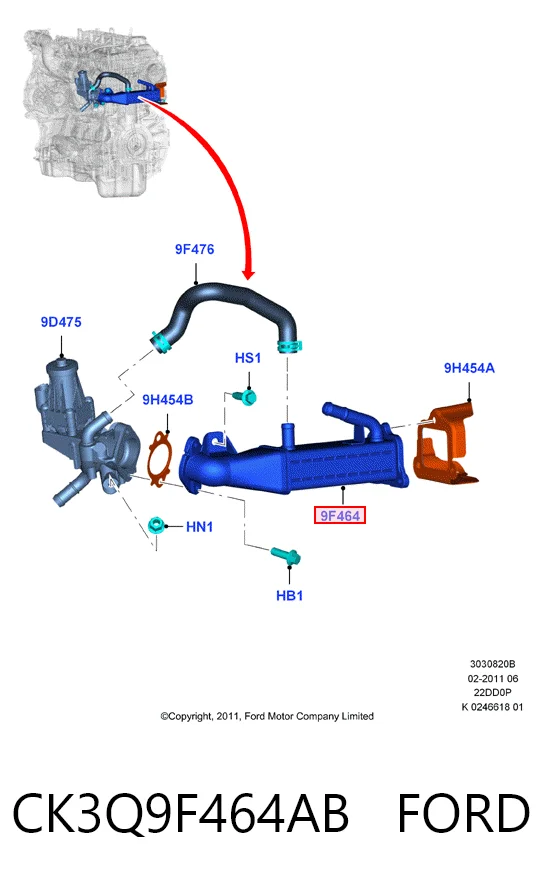 CK3Q9F464AB Ford Enfriador de recirculación de gases de escape EGR