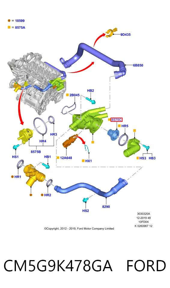 CM5G9K478GA Ford Caja del termostato