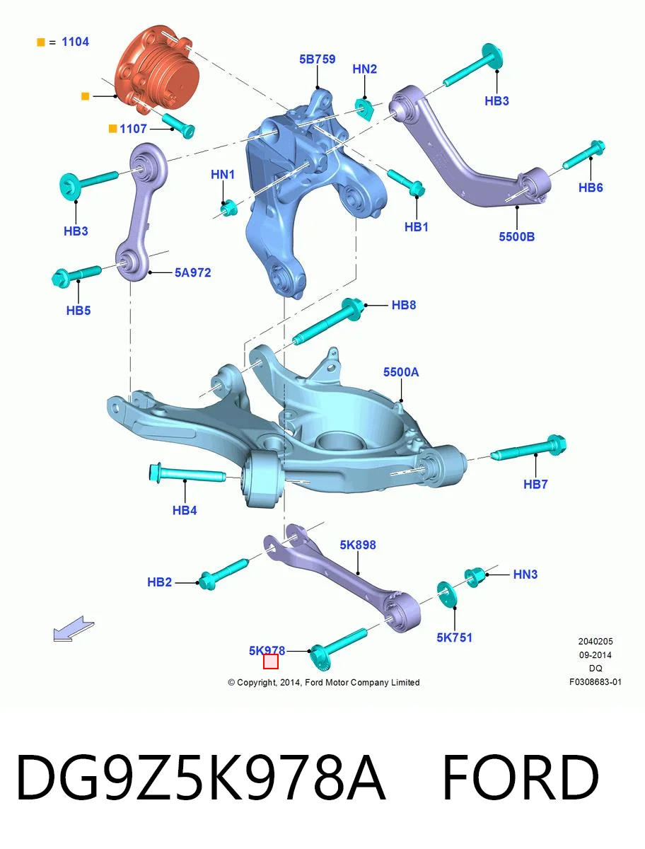 DG9Z5K978A Ford Perno de fijación interior del brazo oscilante inferior trasero
