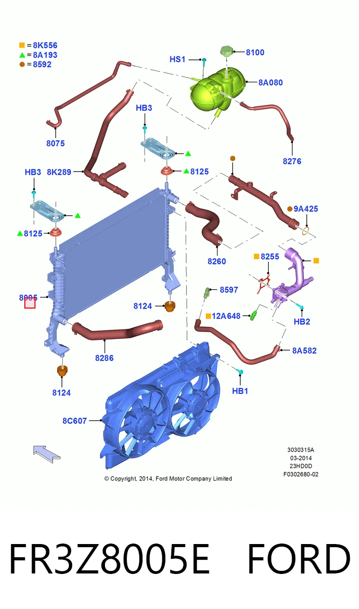 Radiador de refrigeración del motor FR3Z8005E FORD