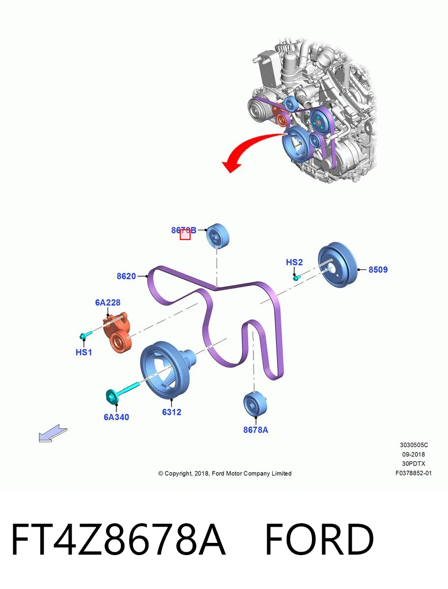 FT4Z8678A Ford Polea guía correa poli V