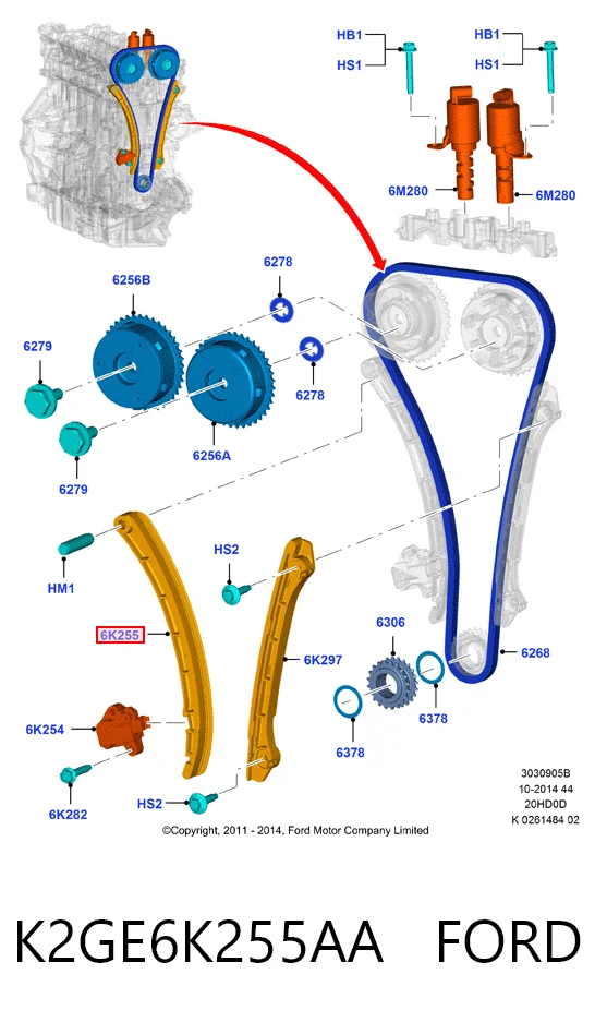 Guía del tensor de la cadena de distribución K2GE6K255AA FORD