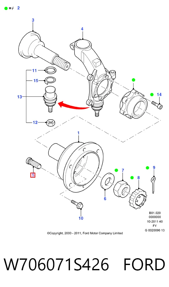 Espárrago de rueda delantero W706071S426 FORD