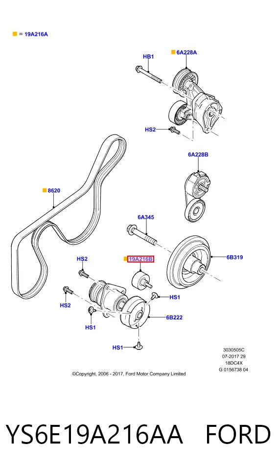 Polea tensora auxiliar de la correa poly V YS6E19A216AA FORD